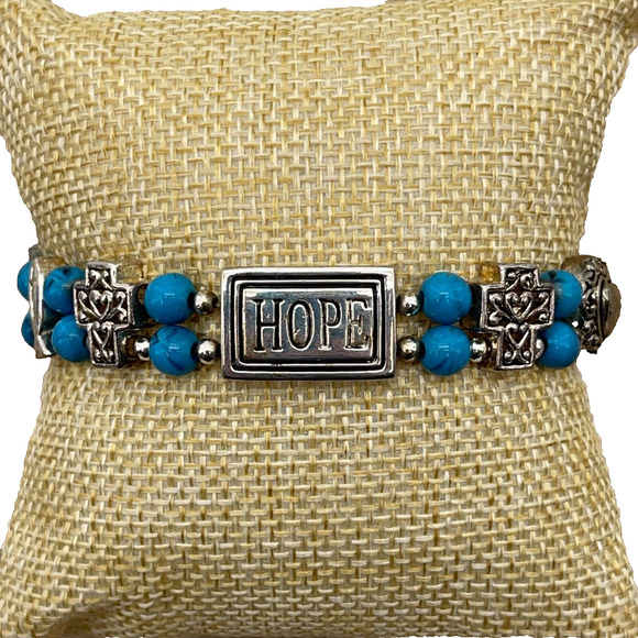 Silver-Toned Hope Love Faith Charm Bracelet with Turquoise Beads - Picture 1 of 4